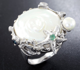 Серебряное кольцо с жемчугом, зеленым бериллом, аметистом, желтым и синим сапфирами Серебро 925