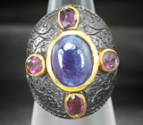 Серебряное кольцо с синим сапфиром и аметистами Серебро 925