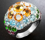 Роскошное крупное серебряное кольцо с цитринами, голубыми топазами, диопсидами и родолитами Серебро 925