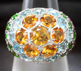 Роскошное крупное серебряное кольцо с цитринами, голубыми топазами, диопсидами и родолитами Серебро 925