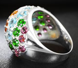 Роскошное крупное серебряное кольцо с цитринами, голубыми топазами, диопсидами и родолитами Серебро 925