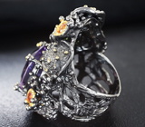Серебряное кольцо с аметистом, оранжевыми сапфирами, перидотом и диопсидами