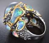 Серебряное кольцо с цветной жемчужиной барокко 37,13 карата и кристаллическими эфиопскими опалами 9,29 карата Серебро 925