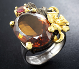Серебряное кольцо с коньячным кварцем, родолитом и желтым сапфиром Серебро 925