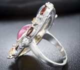 Серебряное кольцо с разноцветными сапфирами и мозамбикскими гранатами Серебро 925