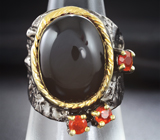 Серебряное кольцо с черной шпинелью 20 карат и мексиканскими ограненными опалами Серебро 925