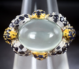 Серебряное кольцо с пастельно-зеленым бериллом 8,35 карата и синими сапфиарми Серебро 925