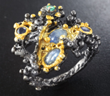 Серебряное кольцо с синими сапфирами и изумрудом Серебро 925