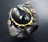 Серебряное кольцо с черной шпинелью и родолитами Серебро 925