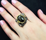 Серебряное кольцо с черной шпинелью и родолитами Серебро 925