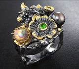 Серебряное кольцо с кристаллическим эфиопским опалом, цветным жемчугом и диопсидами