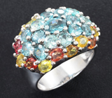 Роскошное серебряное кольцо с голубыми цирконами, красными и желтыми сапфирами Серебро 925