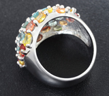 Роскошное серебряное кольцо с голубыми цирконами, красными и желтыми сапфирами Серебро 925