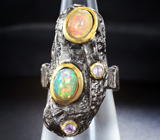 Серебряное кольцо с кристаллическими эфиопскими опалами и аметистами Серебро 925