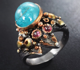 Серебряное кольцо с «неоновым» апатитом и родолитами  Серебро 925