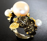 Серебряное кольцо с жемчугом, диопсидами, родолитами гранатами и черными шпинелями Серебро 925