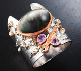 Серебряное кольцо cо скаполитом с эффектом «кошачьего глаза» и аметистами Серебро 925