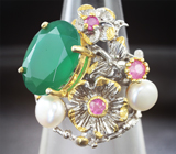 Серебряное кольцо с зеленым агатом, жемчугом и пурпурными сапфирами