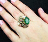 Серебряное кольцо с зеленым агатом, жемчугом и пурпурными сапфирами Серебро 925