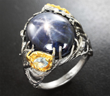 Серебряное кольцо со звездчатым сапфиром 21,12 карата, голубыми топазами и синими сапфирами Серебро 925