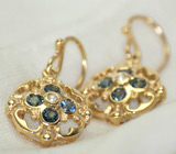 Серьги с яркими синими сапфирами и жемчужинами Золото