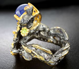 Серебряное кольцо с синими и розовым сапфирами, эфиопским опалом, гранатами и перидотом Серебро 925