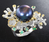 Серебряное кольцо с цветной жемчужиной и изумрудами Серебро 925