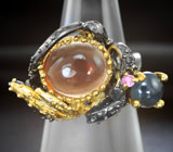 Серебряное кольцо с оранжевым флюоритом, синим и розовым сапфирами