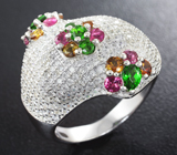 Эффектное серебряное кольцо с диопсидами и разноцветными турмалинами Серебро 925