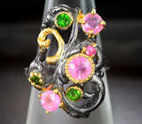 Серебряное кольцо с розовыми сапфирами и диопсидами Серебро 925