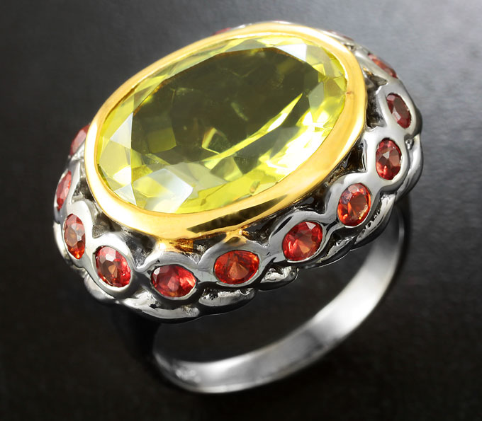 Серебряное кольцо с лимонным цитрином 7,54 карата и оранжевыми сапфирами