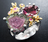 Серебряное кольцо cо слайсом арбузного турмалина, родолитами и розовыми сапфирами Серебро 925