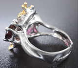 Серебряное кольцо cо слайсом арбузного турмалина, родолитами и розовыми сапфирами Серебро 925