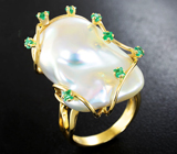 Золотое кольцо с морской жемчужиной барокко 39,6 карата и изумрудами! Исключительный люстр Золото