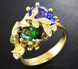 Золотое кольцо с танзанитом, зеленым турмалином и бриллиантом Золото