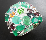 Широкое серебряное кольцо с изумрудами, зелеными агатами, родолитами, цитринами и цирконами Серебро 925