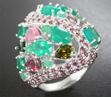Крупное серебряное кольцо с зелеными агатами, родолитами, розовыми и желто-зелеными турмалинами