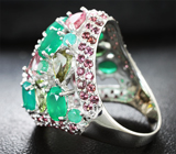 Крупное серебряное кольцо с зелеными агатами, родолитами, розовыми и желто-зелеными турмалинами Серебро 925