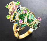 Золотое кольцо с кристаллами висмута 42,22 карата, диопсидами и родолитами Золото
