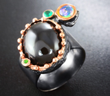 Серебряное кольцо с черной шпинелью, кристаллическим эфиопским опалом, хризопразом и диопсидом Серебро 925