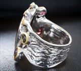 Серебряное кольцо с аммолитом аммонита, разноцветными турмалинами, сапфирами и цаворитом Серебро 925