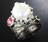 Серебряное кольцо с жемчужиной, розовым турмалином и диопсидом Серебро 925