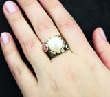 Серебряное кольцо с жемчужиной, розовым турмалином и диопсидом Серебро 925