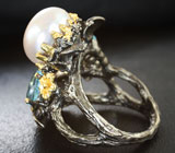 Серебряное кольцо с жемчужиной и голубыми топазами Серебро 925