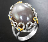 Серебряное кольцо с лунным камнем 41,3 карата с эффектом кошачьего глаза и синими сапфирами Серебро 925