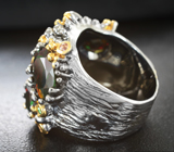 Серебряное кольцо с ограненными черными опалами 5,03 карата, цаворитами и сапфирами Серебро 925