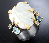 Серебряное кольцо с жемчужиной барокко, голубыми топазами и танзанитами Серебро 925