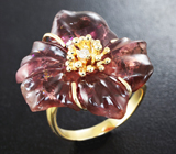 Золотое кольцо с резным турмалином 17,48 карата и бриллиантом Золото