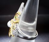 Серебряное кольцо с жемчужиной, диопсидами, синими и пурпурными сапфирами Серебро 925