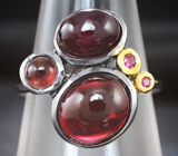 Серебряное кольцо с кабошонами рубинов 6,52 карата, турмалином и красными сапфирами Серебро 925